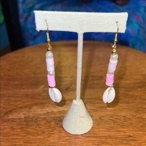 handmade Pink and White clay bead Shell Earrings
